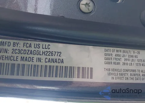 2020 Dodge Challenger Sxt z USA, uszkodzony, nr VIN 2C3CDZAG0LH226772